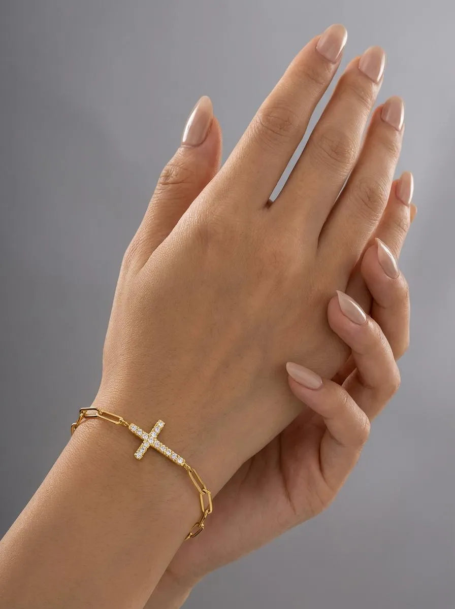 LYSKORS Pozlátený náramok s krížikom so zirkónmi