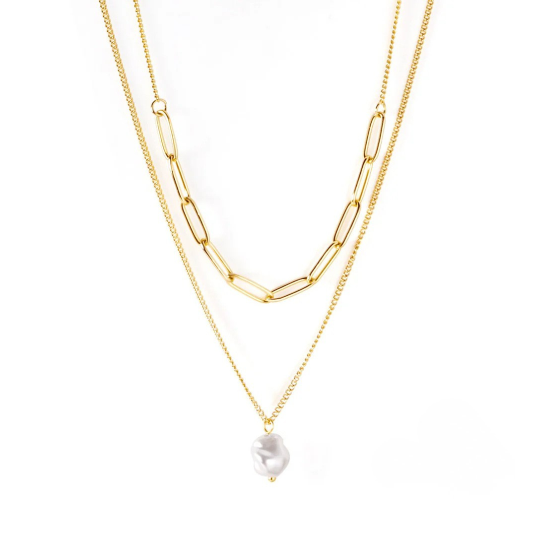 DRÅPPERLE Pozlátený dvojradový náhrdelník s perlovým príveskom